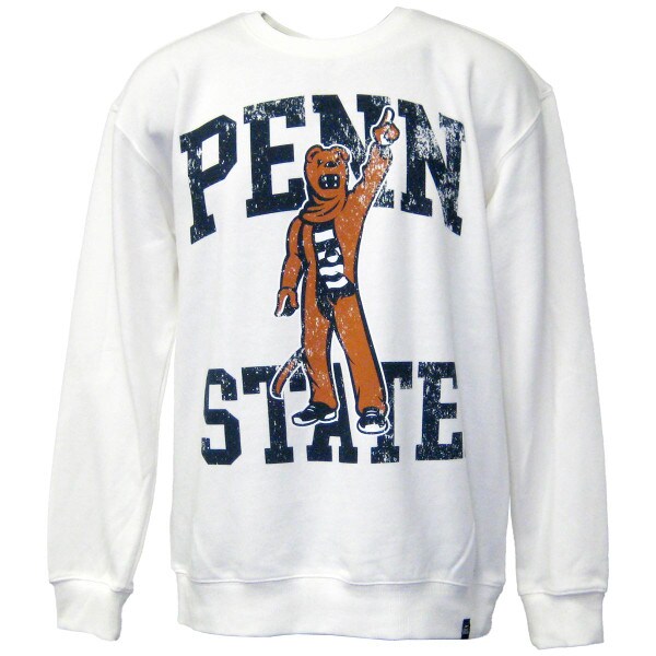 white crew neck sweatshirt with distressed printed Nittany Lion Mascot in front of Penn State